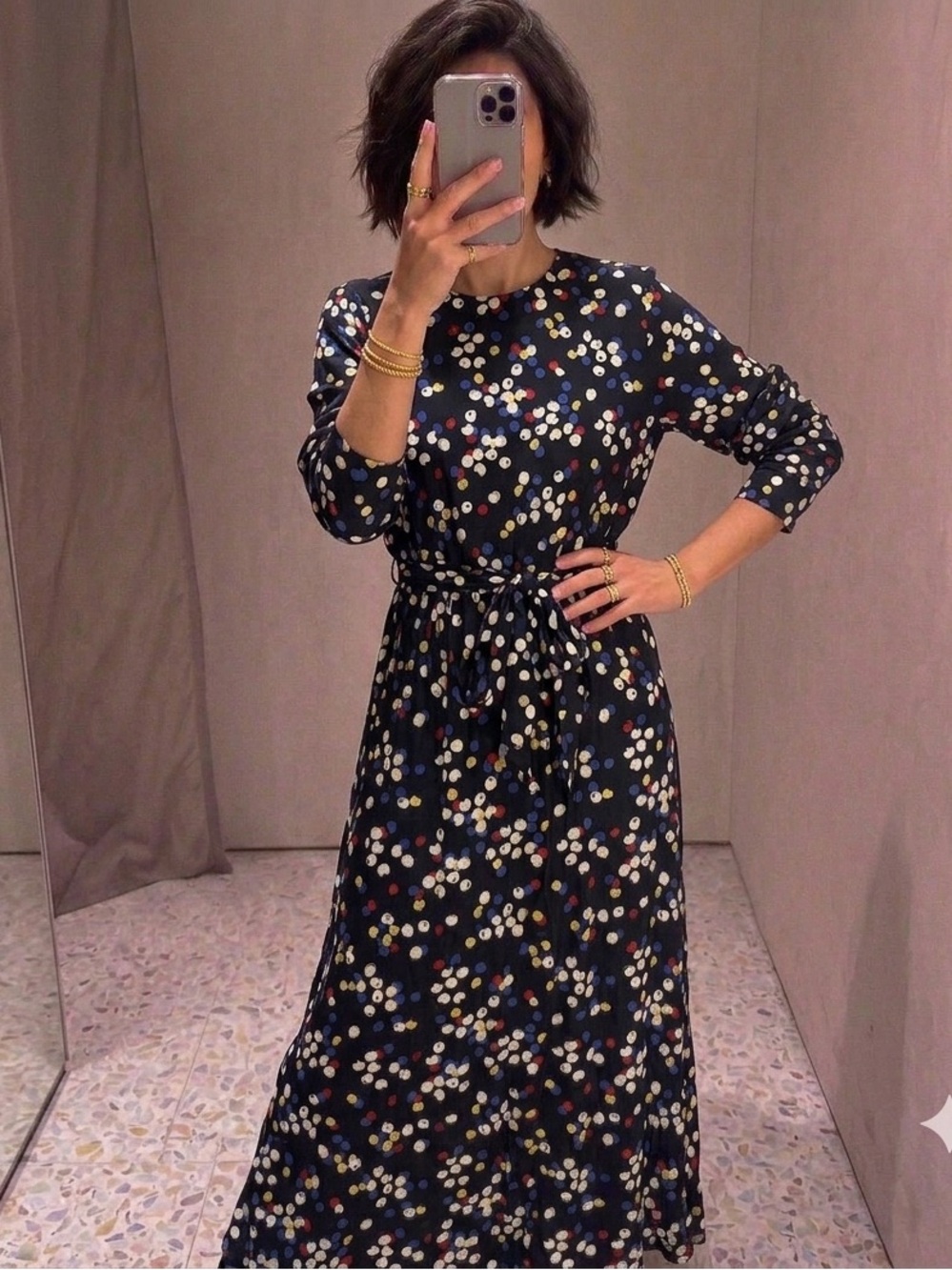 Zara Navy Polka Dot Blouse with White, Blue, Red & Yellow Dots